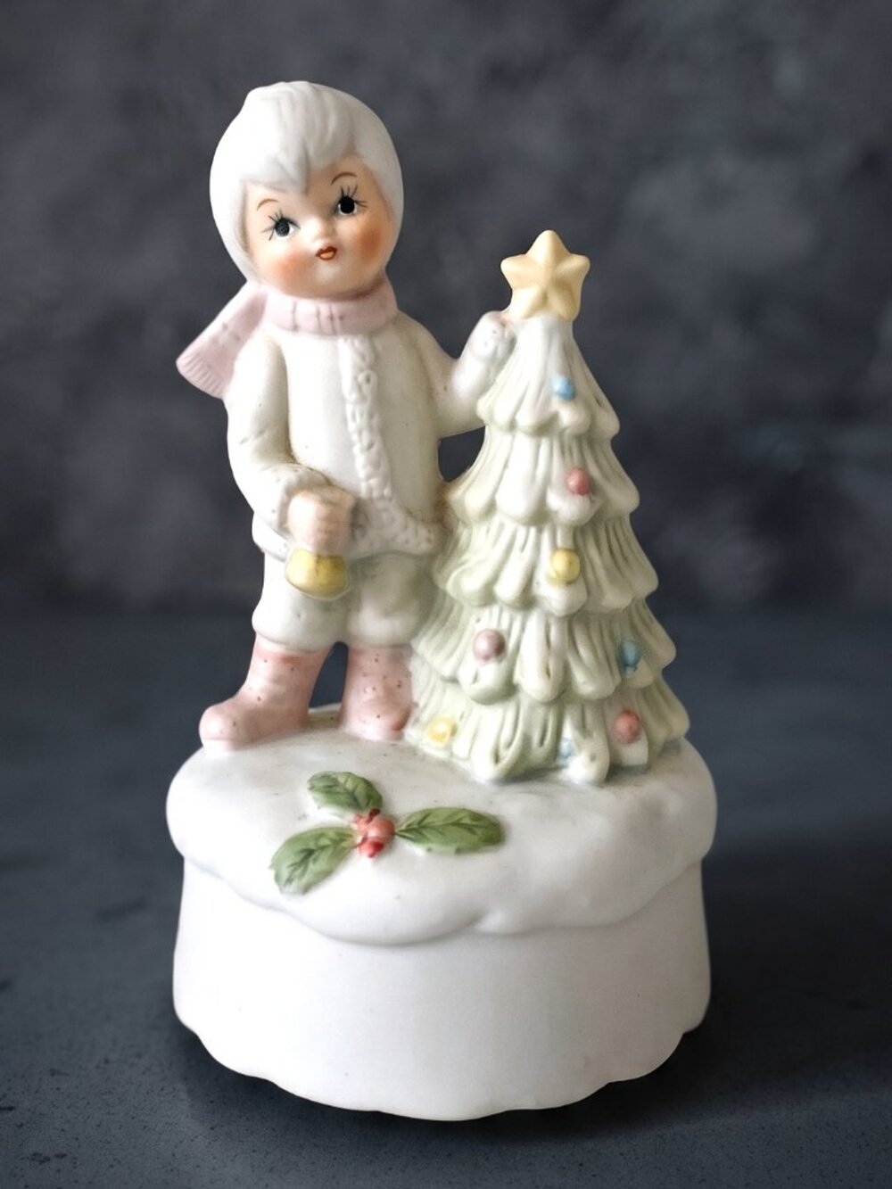 Vintage Rare Ceramic Christmas Tree Girl Wind Up Music Box Holiday Decor 6" Tall